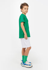 Side view of model wearing Emerald Boys Crew Neck T-Shirt by Gen Woo. 
