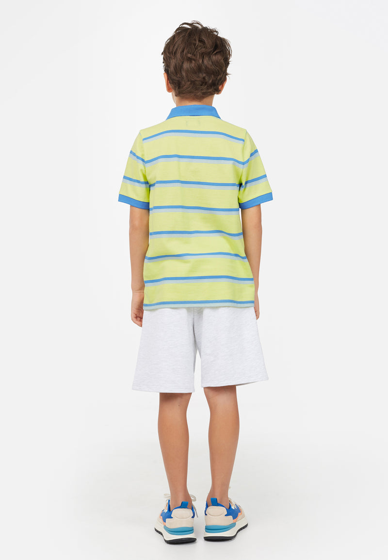 Back view of model wearing Lime Striped Boys Polo T-Shirt by Gen Woo. 