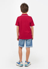 Back view of model wearing Berry Red Contrast Boys Polo T-Shirt by Gen Woo. 