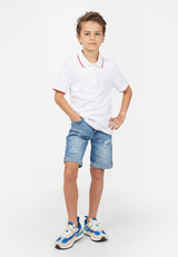 Model wears White Contrast Boys Polo T-Shirt by Gen Woo. 