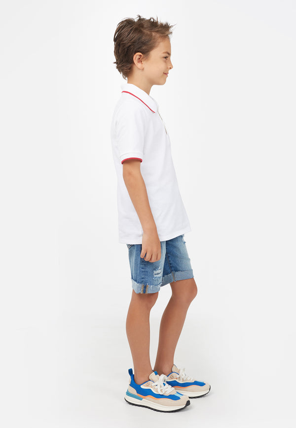 Side view of White Contrast Boys Polo T-Shirt by Gen Woo. 