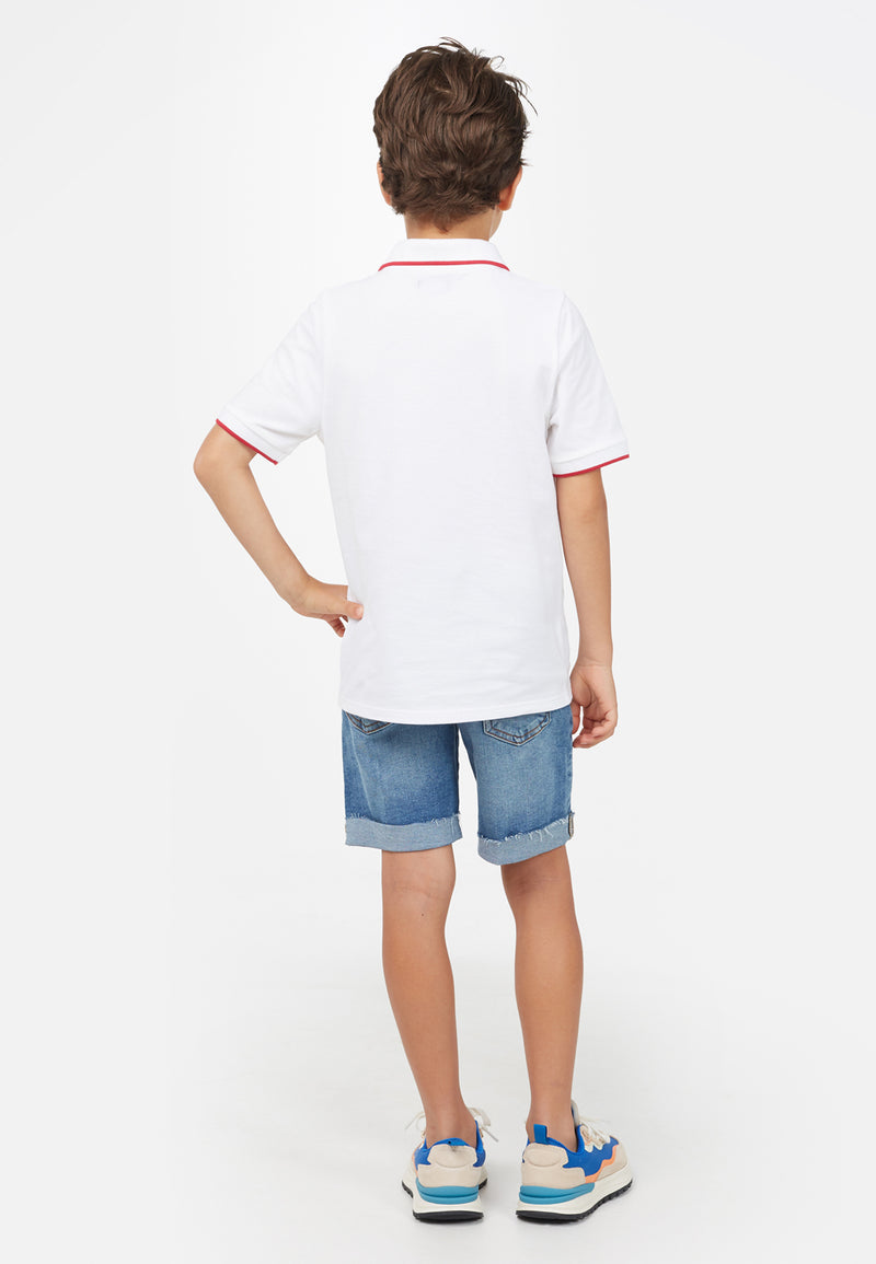 Back view of White Contrast Boys Polo T-Shirt by Gen Woo. 