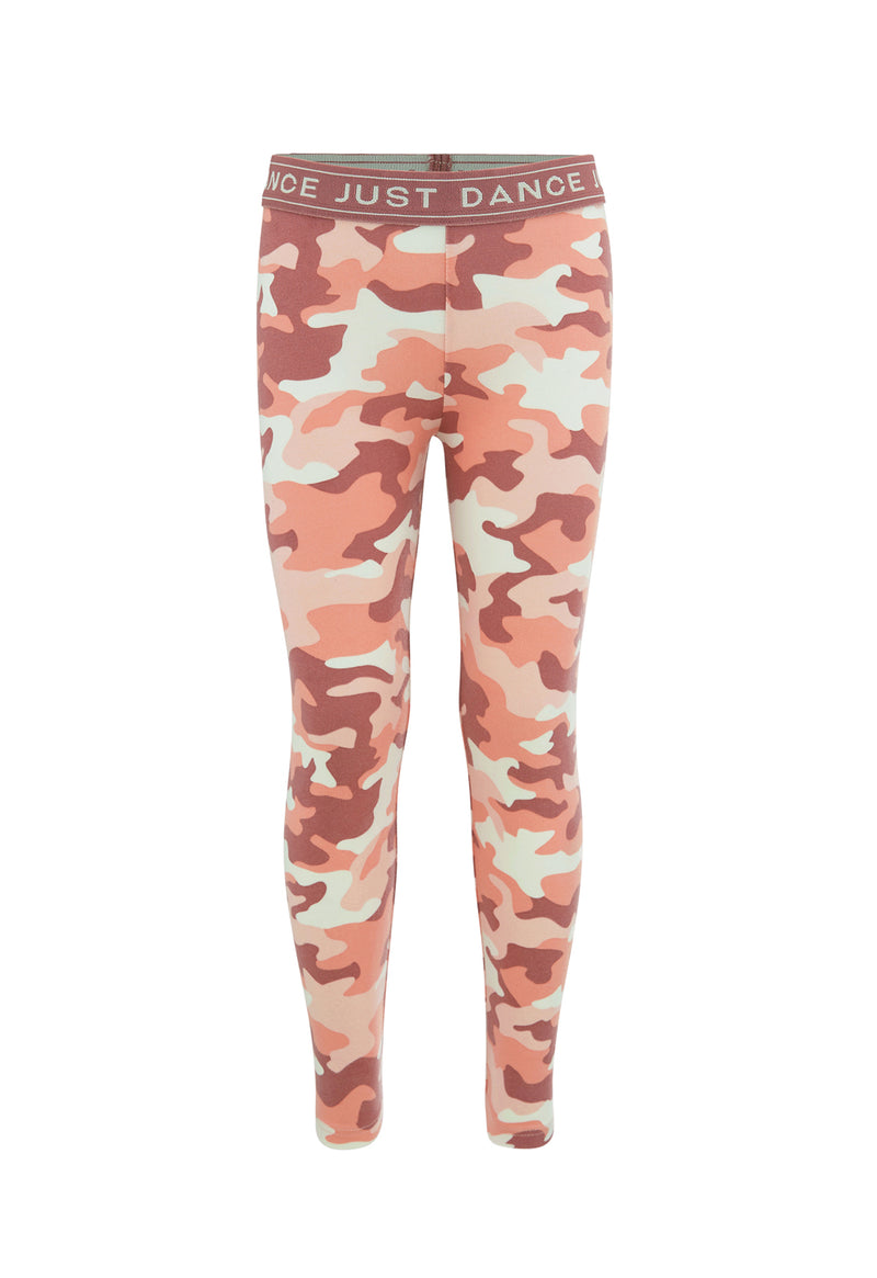 Front of the Pink Camo Print Girls Leggings by Gen Woo