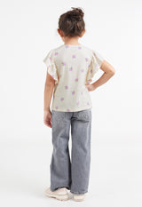 Back model view of Girls Ditsy Floral Statement Sleeve T-Shirt by Gen Woo.