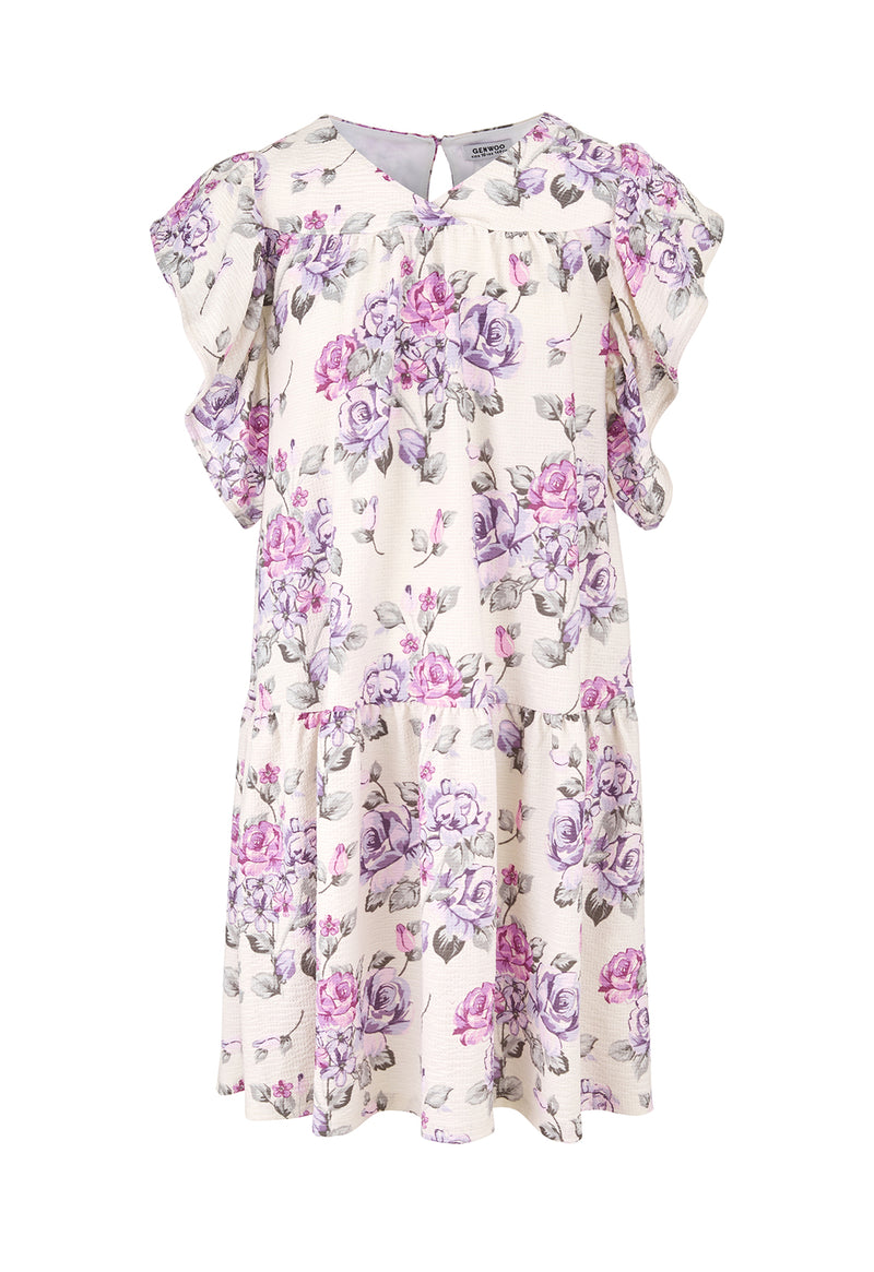 Front of the Pink and Purple Floral Bloom Tiered Girls Dress by Gen Woo