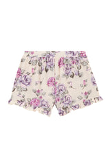 Back of the Pink and Purple Floral Bloom Peplum Girls Shorts by Gen Woo
