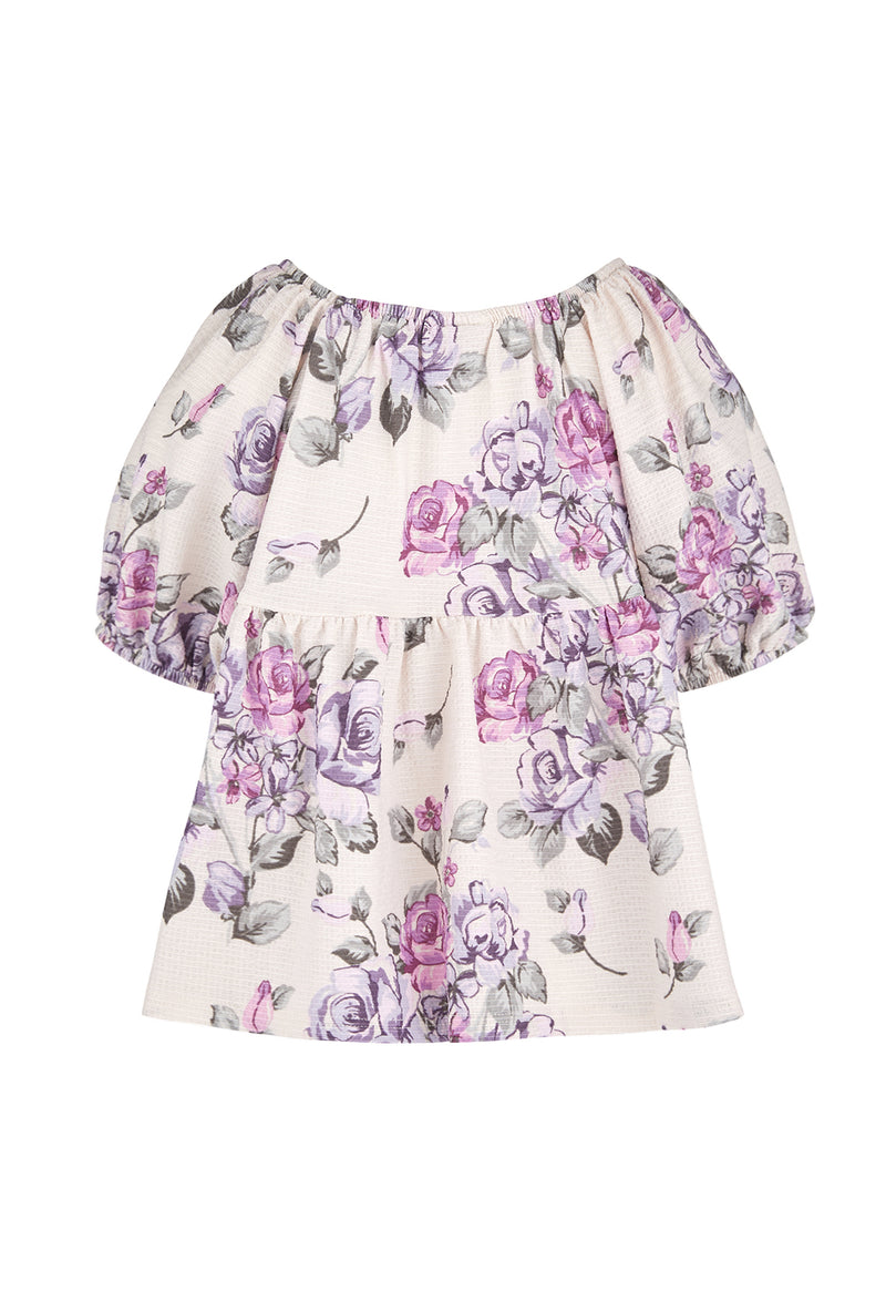 Back of the Pink and Purple Floral Bloom Girls Smock Top by Gen Woo