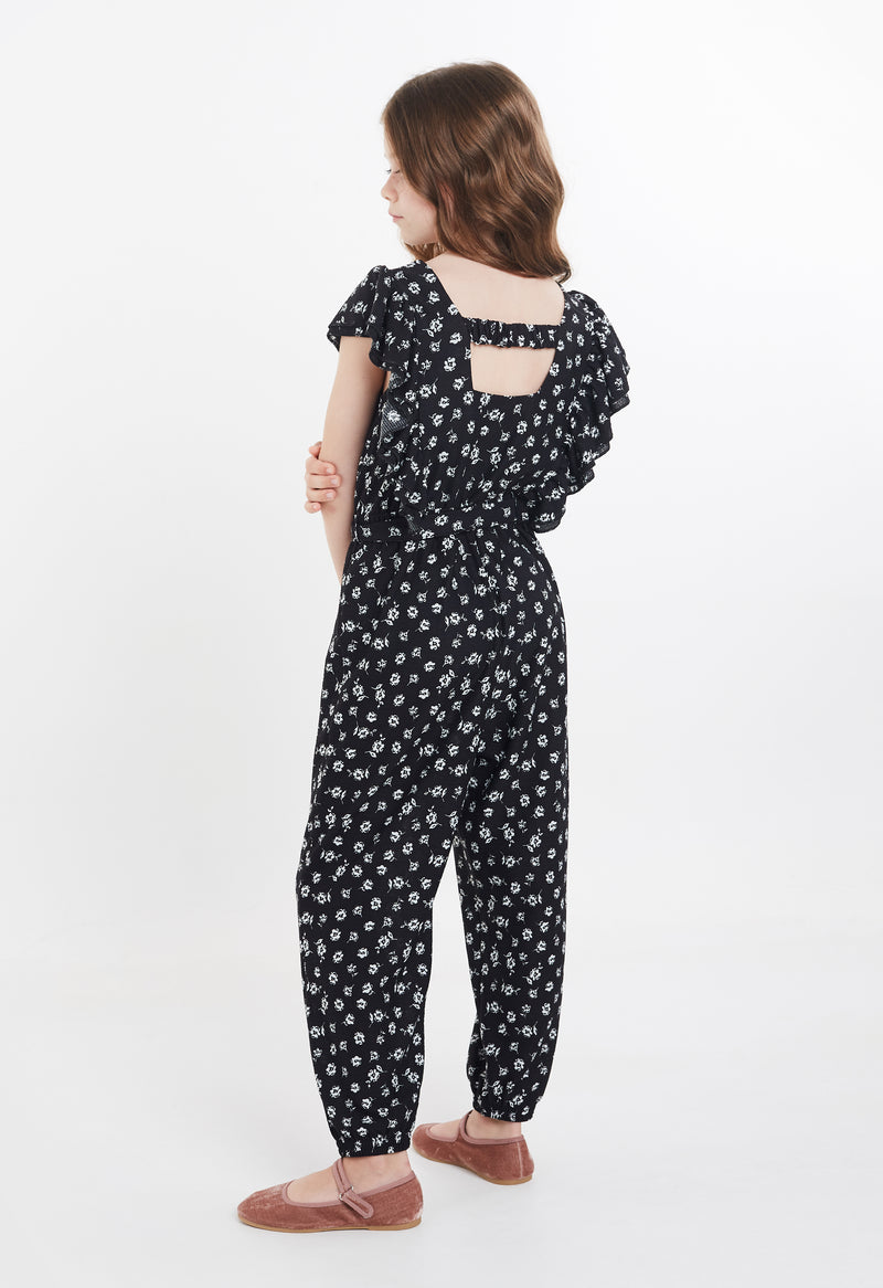 Black and White Floral Ditsy jumpsuit for tween girls by Gen Woo Kids