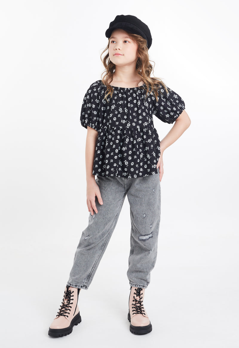 Gen Woo Tween Girls Ditsy Print Smock Top with Bubble Sleeves from The Jersey Shop Singapore