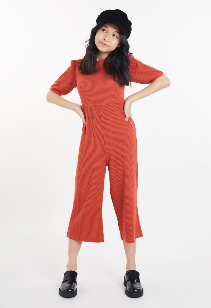 Gen Woo Tween Girls Autumn Waffle Jumpsuit with Puff Sleeves from The Jersey Shop Singapore 