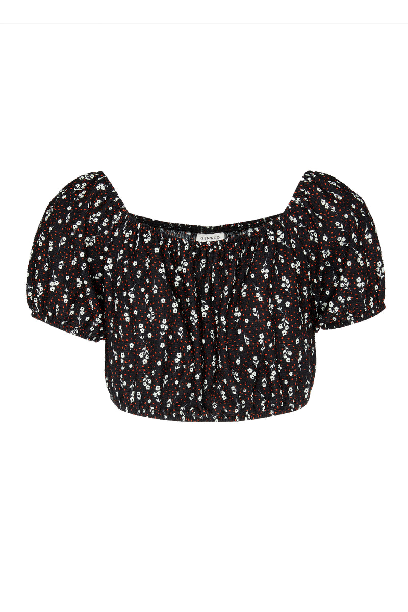 Gen Woo Tween Girls Black, Red & white Ditsy Print Crop Top with Bubble Sleeves for The Jersey Shop Singapore