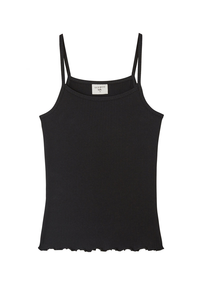 Front of the Black Spaghetti Strap Girls Cami Top by Gen Woo
