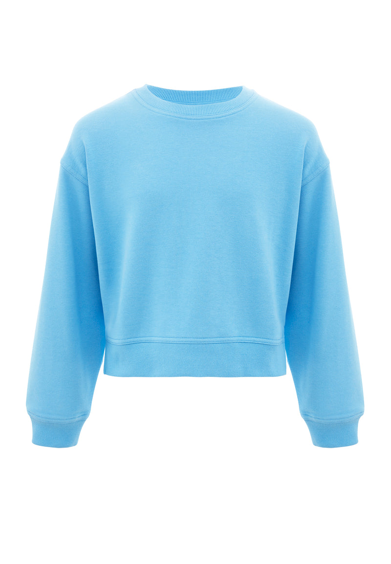 Front of the Girls Crew Neck Blue Sweater by Gen Woo