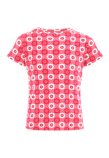 Front of the Retro Floral Print Pink Checkerboard Girls T-Shirt by Gen Woo