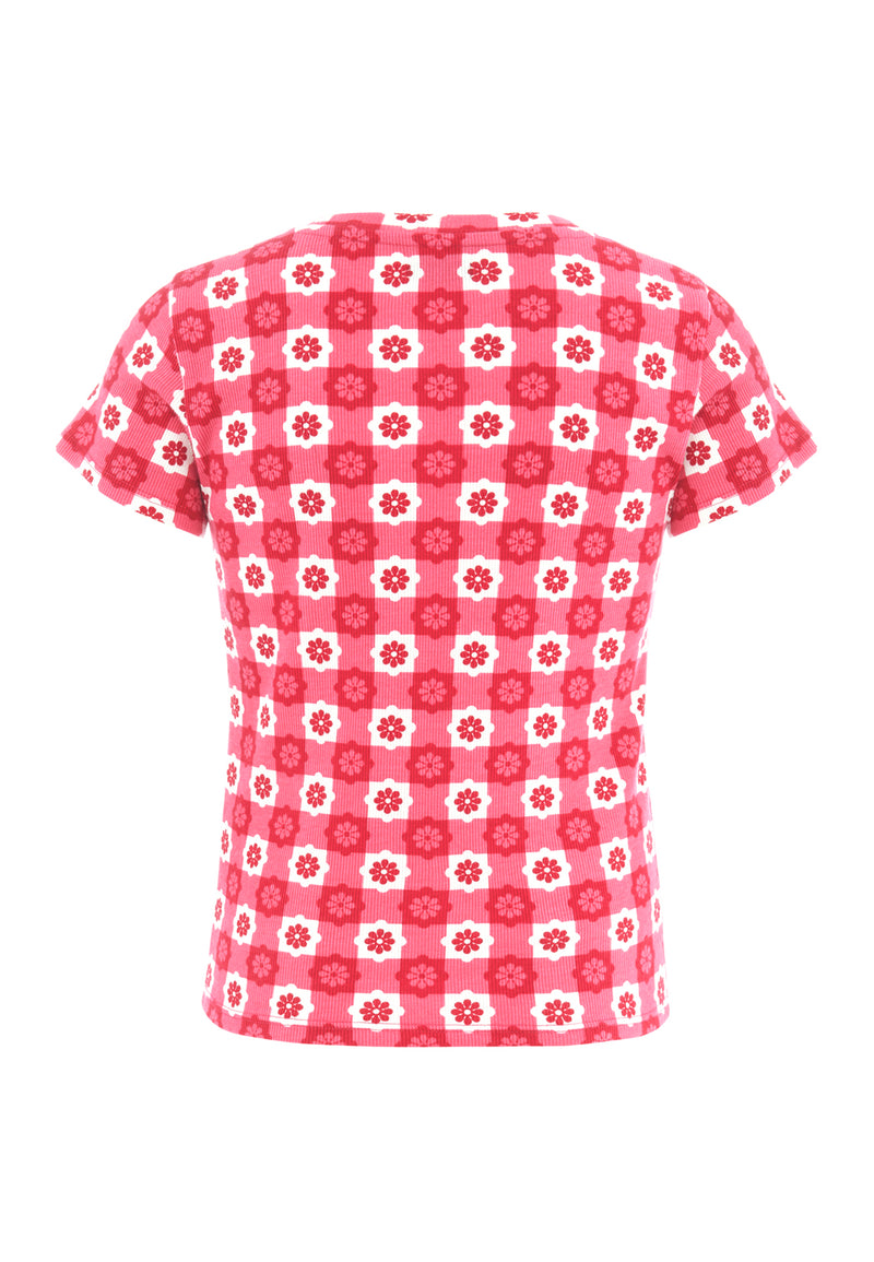 Back of the Retro Floral Print Pink Checkerboard Girls T-Shirt by Gen Woo