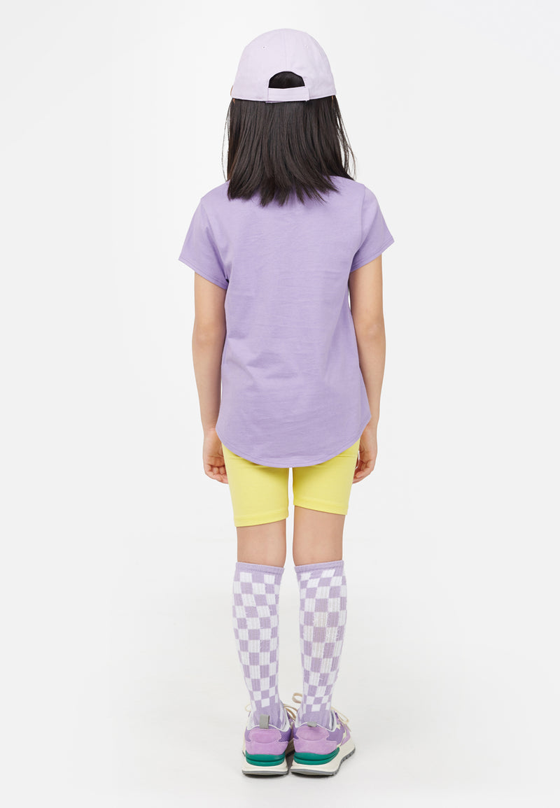Back view of model wearing  Violet Embroidered Girls T-Shirt by Gen Woo. 