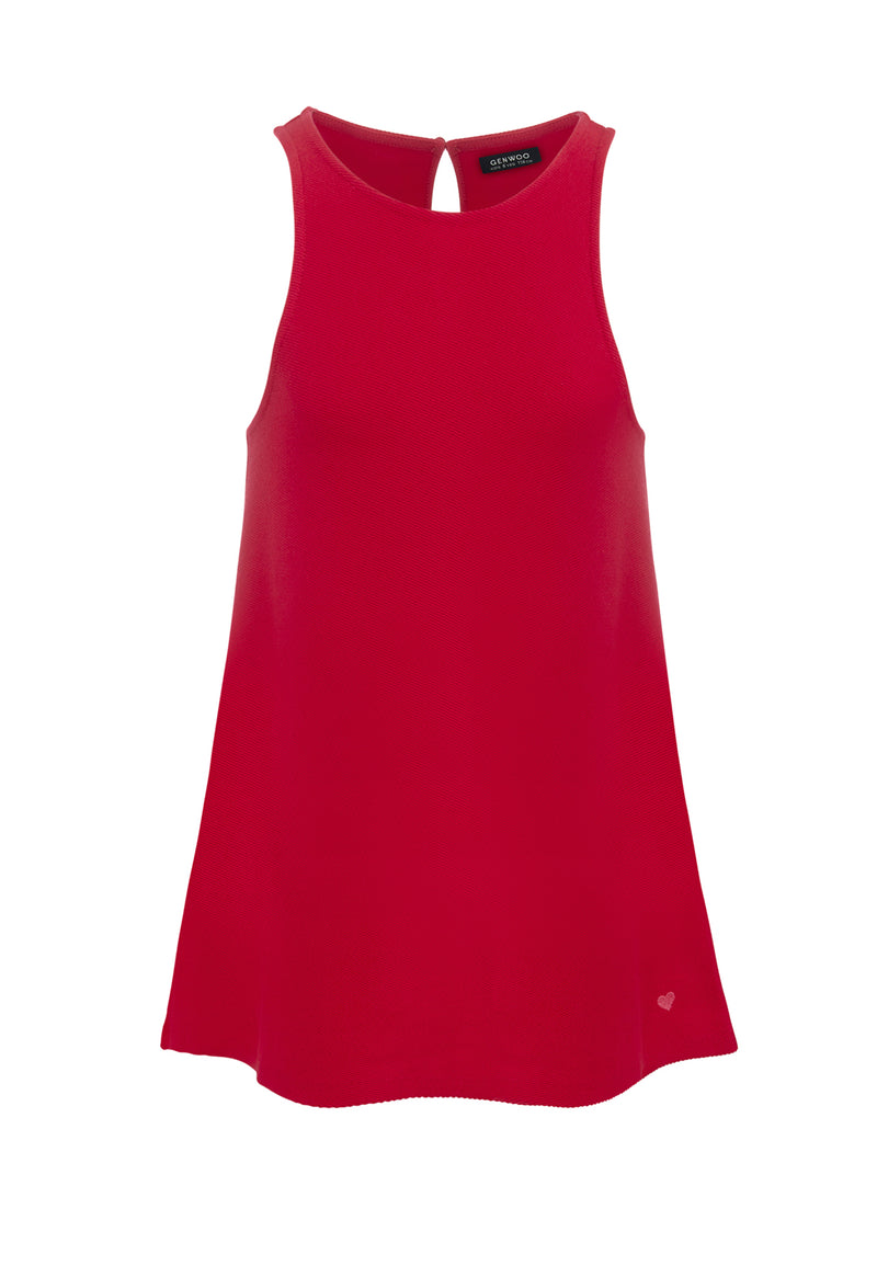 Front of the Raspberry Red Twill Pinafore Dress by Gen Woo
