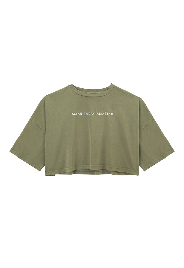 Front of the Ladies Cropped Slogan T-Shirt by Gen Woo