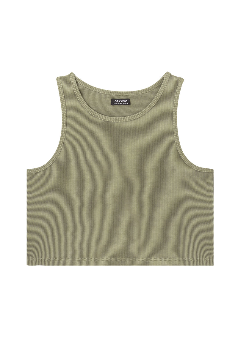 Front of the Khaki Cropped Girls Tank Top by Gen Woo