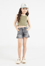 The young girl wears the  Khaki Cropped Girls Tank Top by Gen Woo with denim shorts and a baseball hat
