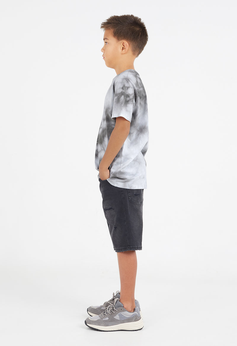 Boys T-shirt by Gen Woo. With a standard body fit and length, our grey and white tie dye crew neck t-shirt has 1x1 rib neck binding with twin needle stitch finish at the hem. Please note that each tie dye piece is 100% unique –Side view