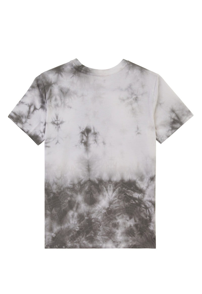 Boys T-shirt by Gen Woo. With a standard body fit and length, our grey and white tie dye crew neck t-shirt has 1x1 rib neck binding with twin needle stitch finish at the hem. Please note that each tie dye piece is 100% unique – Back view