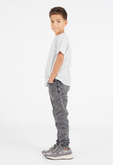 Boys T-shirt By Gen Woo. With a standard body fit and length, our grey marl crew neck T-shirt has 1x1 rib neck binding and twin needle stitch at the hem. – Side view