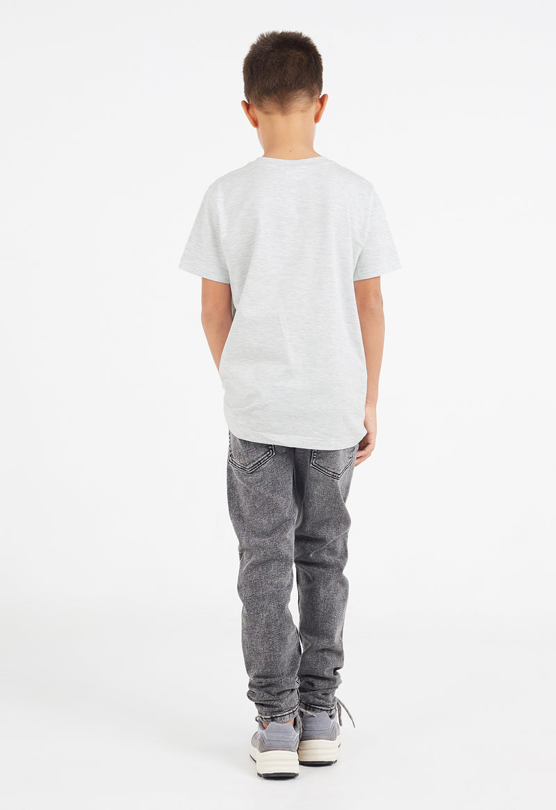 Boys T-shirt By Gen Woo. With a standard body fit and length, our grey marl crew neck T-shirt has 1x1 rib neck binding and twin needle stitch at the hem. – Back view
