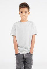 Boys T-shirt By Gen Woo. With a standard body fit and length, our grey marl crew neck T-shirt has 1x1 rib neck binding and twin needle stitch at the hem. – Close up view