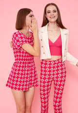 Models wear Pink Basic Ladies Cropped Vest Top and Retro Checkerboard Collection by Gen Woo.