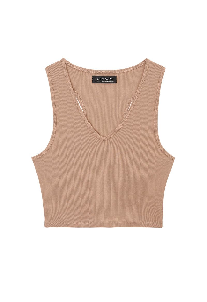 Ladies crop top by Gen Woo. Our 1X1 rib crop top has a V-neckline. The tuscany coloured crop top could be an ideal underlayer piece. -Front view