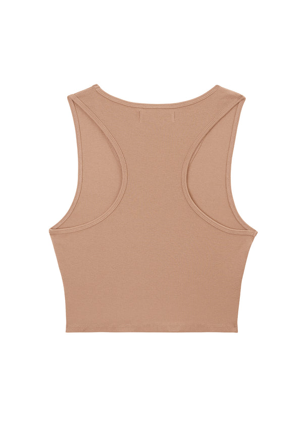  Back of the Ladies Tan Ribbed V-Neck Crop Top by Gen Woo