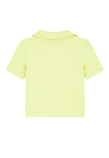 Back view of Ladies Lime Green Cropped Polo T-Shirt by Gen Woo. 