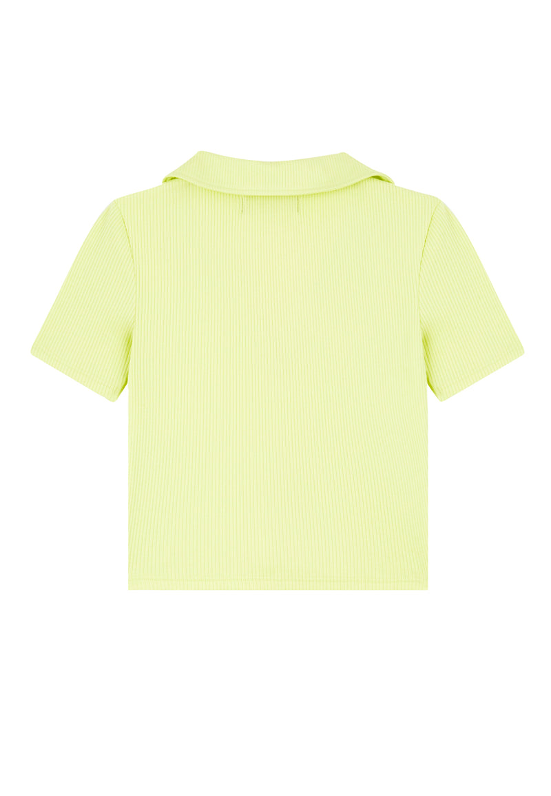 Back view of Ladies Lime Green Cropped Polo T-Shirt by Gen Woo. 