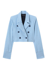 Front of the Jacquard Cropped Ladies Blazer in blue by Gen Woo