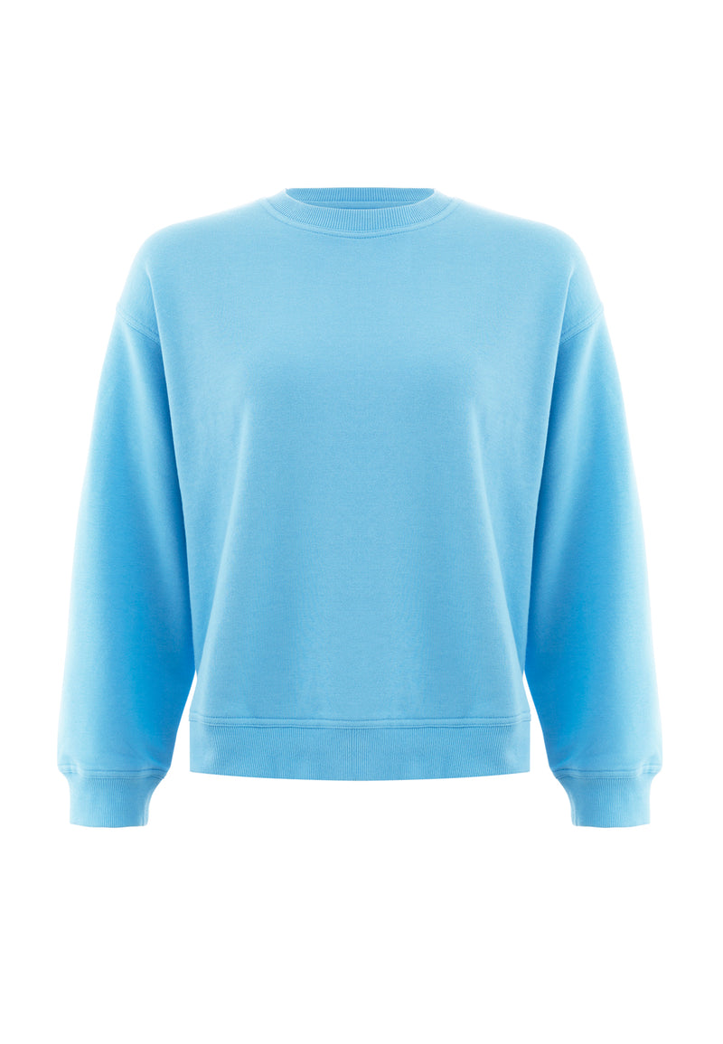 Front of the Blue Relaxed Fit Crew Neck Ladies Sweater by Gen Woo