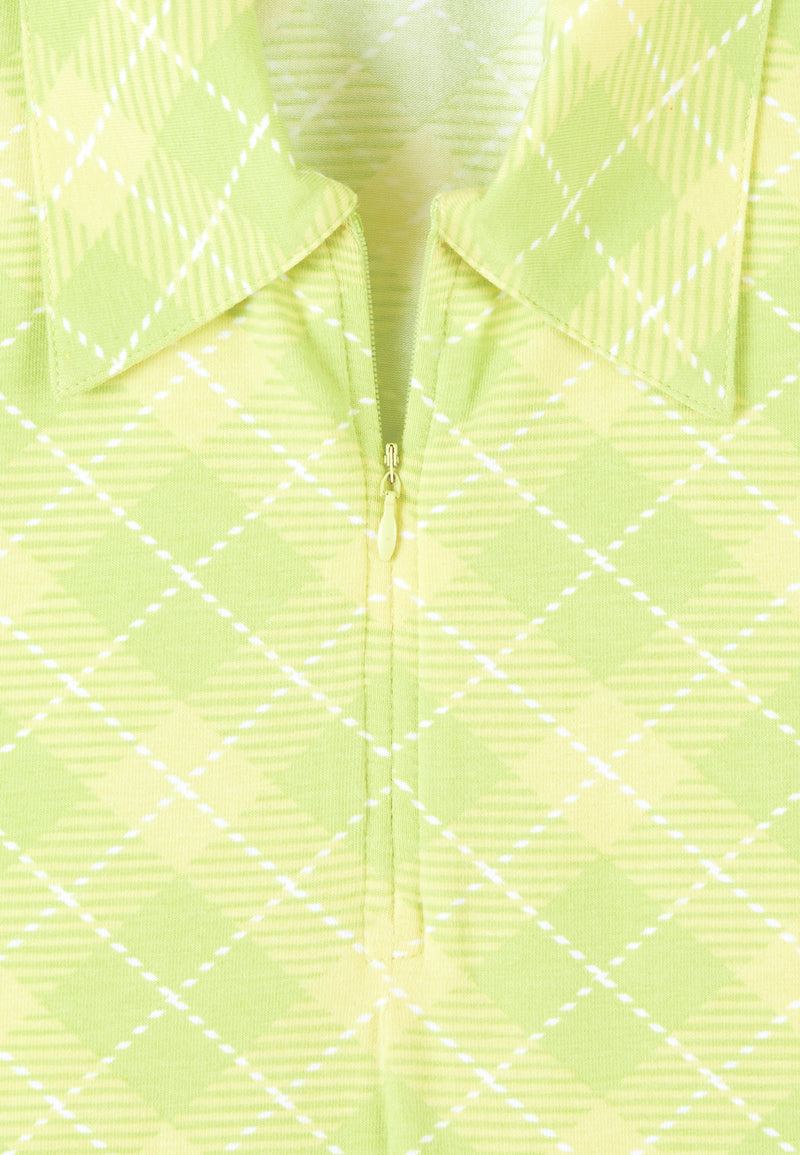 Close up details of Ladies Lime Retro Plaid Polo by Gen Woo.