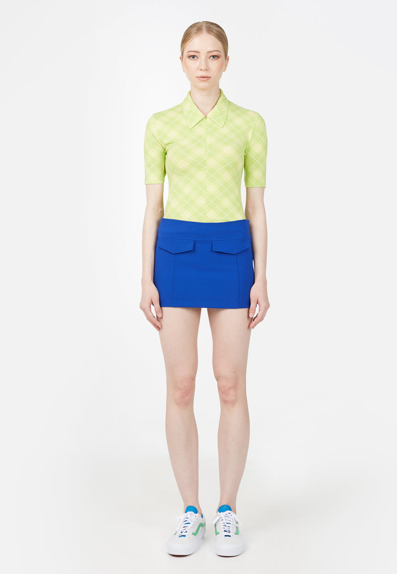 Model wears Ladies Lime Green Retro Plaid Polo T-Shirt by Gen Woo.