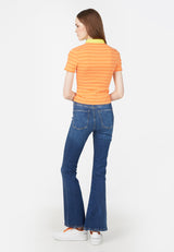 Back view of the model wearing the Orange and Yellow Retro Striped Ladies Polo T-Shirt by Gen Woo