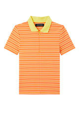 Front of the Orange and Yellow Retro Striped Ladies Polo T-Shirt by Gen Woo