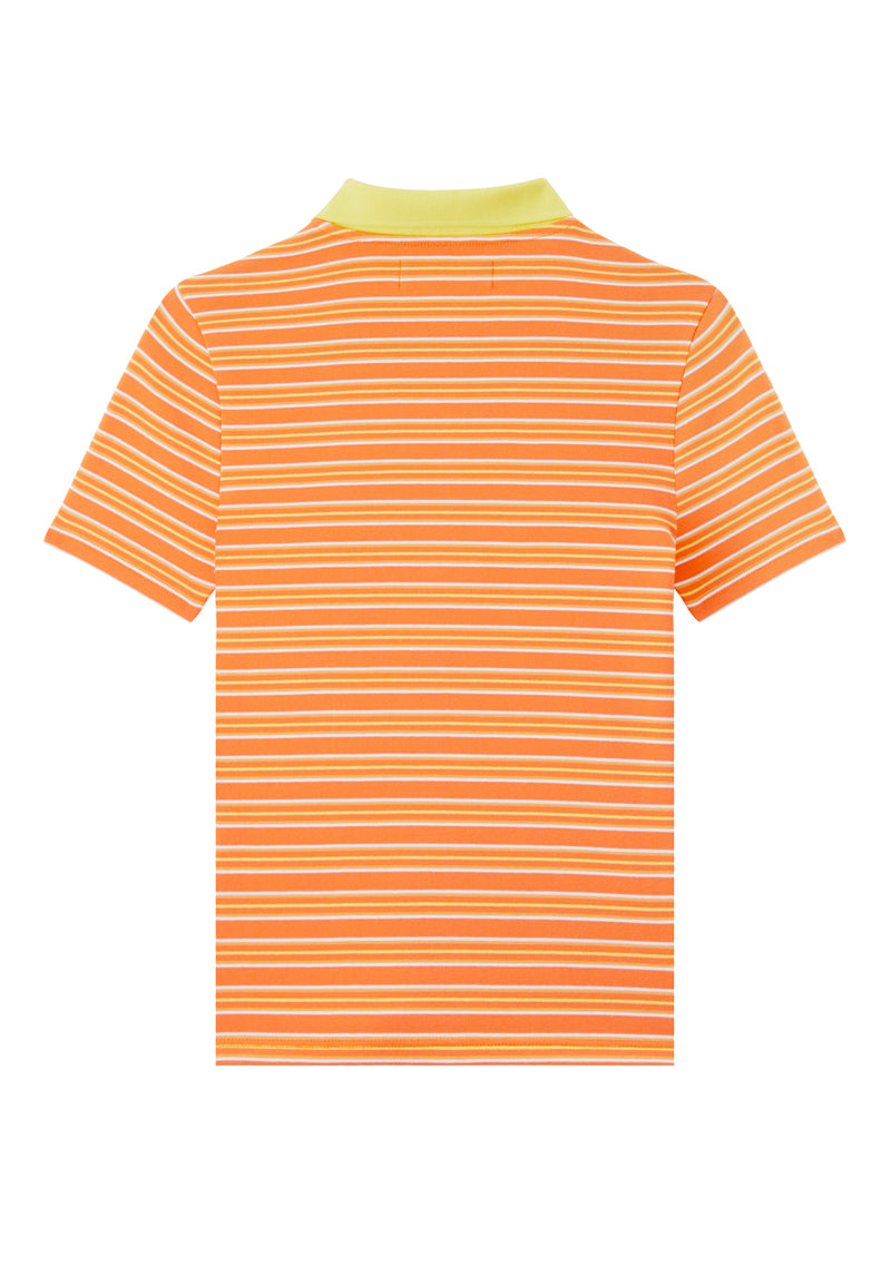 Back of the Orange and Yellow Retro Striped Ladies Polo T-Shirt by Gen Woo