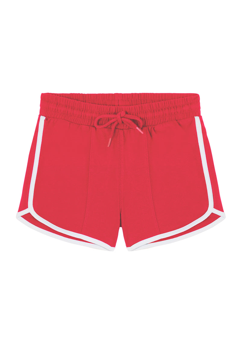  Front of the Red and White Retro Ladies Track Shorts by Gen Woo