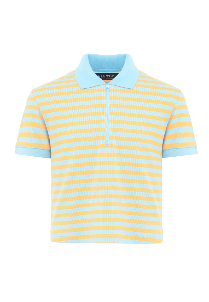 Front of the Blue and Orange Retro Striped Ladies Polo T-Shirt by Gen Woo