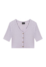 Front of the Lilac Pointelle Henley Girls Cropped Top by Gen Woo