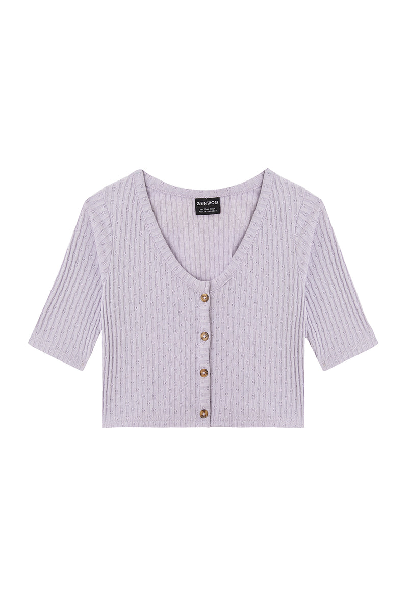Front of the Lilac Pointelle Henley Girls Cropped Top by Gen Woo