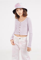 Close-up of the teen girl wearing the Long Sleeve Pointelle Henley Girls Cropped Top by Gen Woo