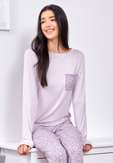 Model wears Long Daisy Print Ladies Pyjama Set by Gen Woo. 