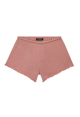 Ladies Shorts by Gen Woo. Our loose knit lounge shorts is high rise with elasticated waist. The rose washed out shorts is suitable for home loungewear or nightwear. Please note that each washed out garment will have colour shade variation. –Front view