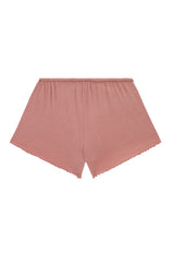 Ladies Shorts by Gen Woo. Our loose knit lounge shorts is high rise with elasticated waist. The rose washed out shorts is suitable for home loungewear or nightwear. Please note that each washed out garment will have colour shade variation. –Back view
