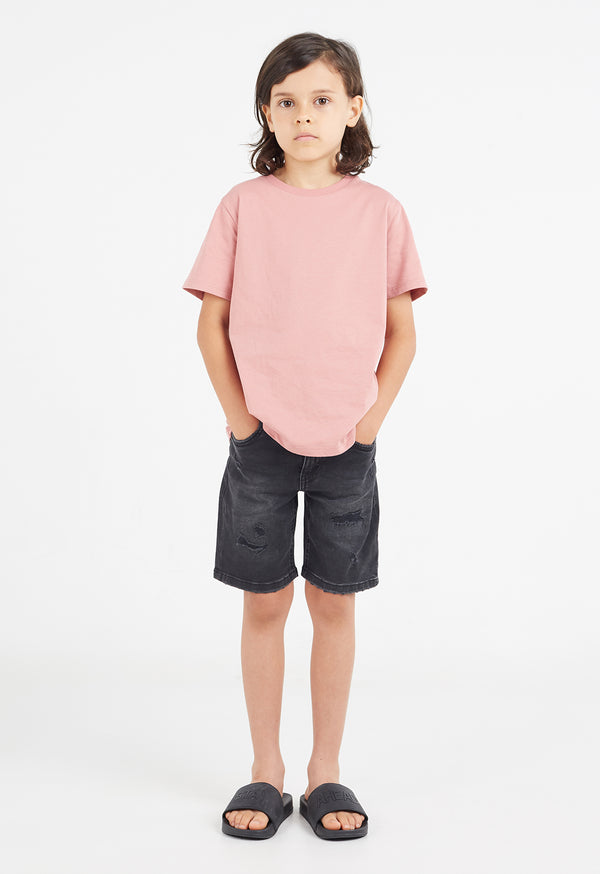 The young boy wears the Boys Classic Crew Neck Salmon T-Shirt by Gen Woo with shorts and sliders